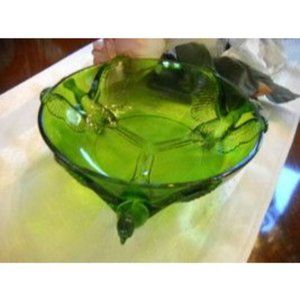 Jeanette Pheasant in Flight Three Footed Green Glass Vintage Bowl Unique Rare
